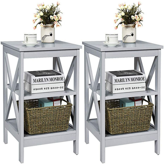 2 Piece 3-Tier X-Design Nightstands with Storage Shelves for Living Room Bedroom