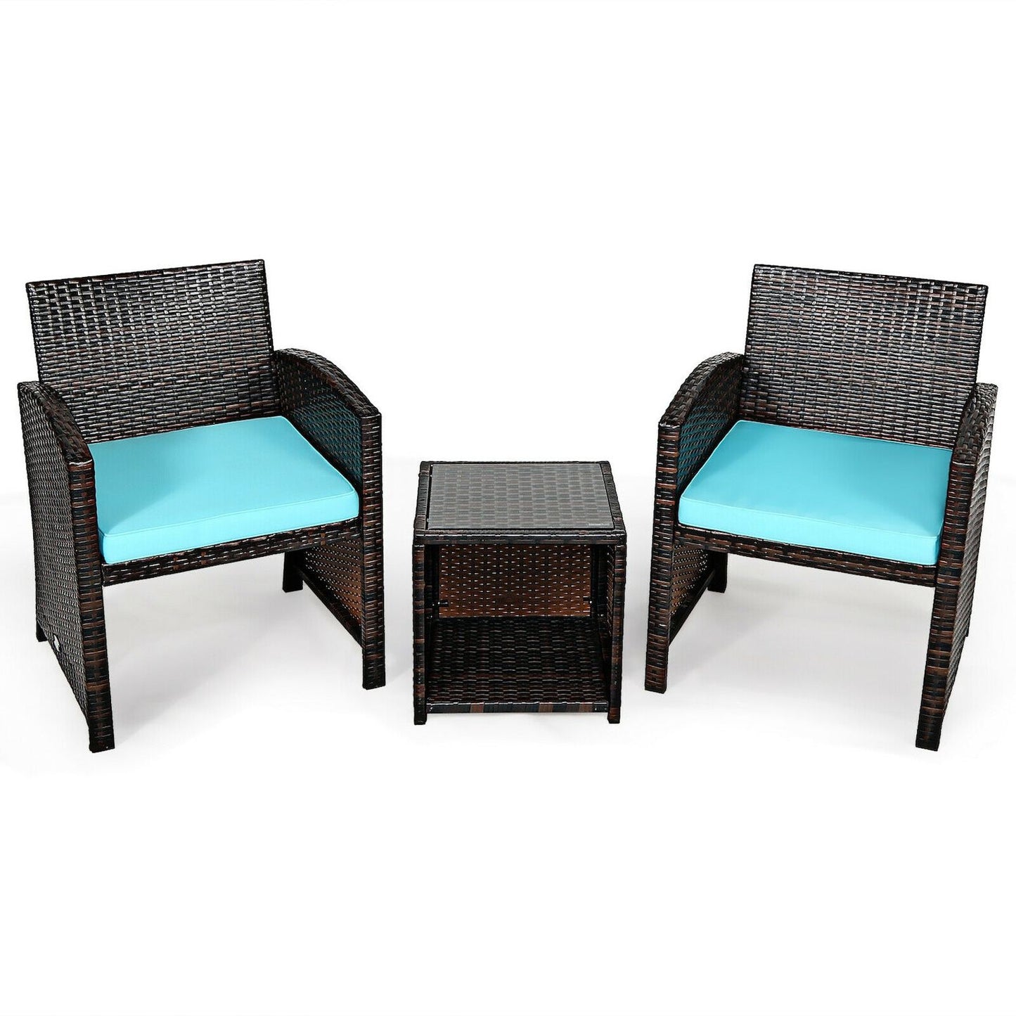 3 Pieces PE Rattan Wicker Furniture Set with Cushion Sofa Coffee Table for Garden