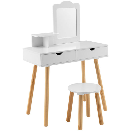 Vanity Table Chair Set With Mirror And 2 Large Storage Drawers