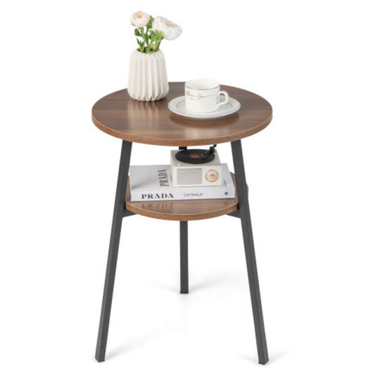 2-Tier Round End Table with Open Shelf and Triangular Metal Frame