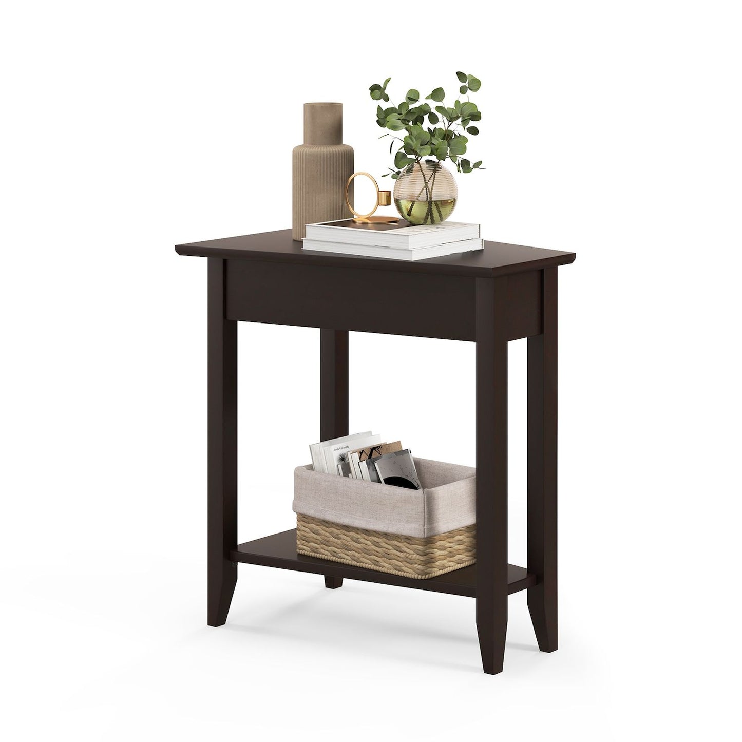 2-tier Wedge Narrow End Table With Storage Shelf And Solid Wood Legs