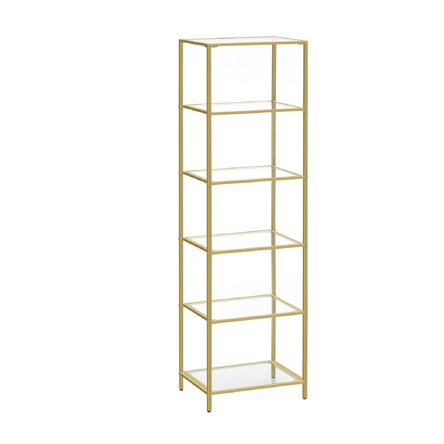 6-tier Glass Shelf, Standing Glass Bookshelf, Narrow Bookcase With Steel Frame