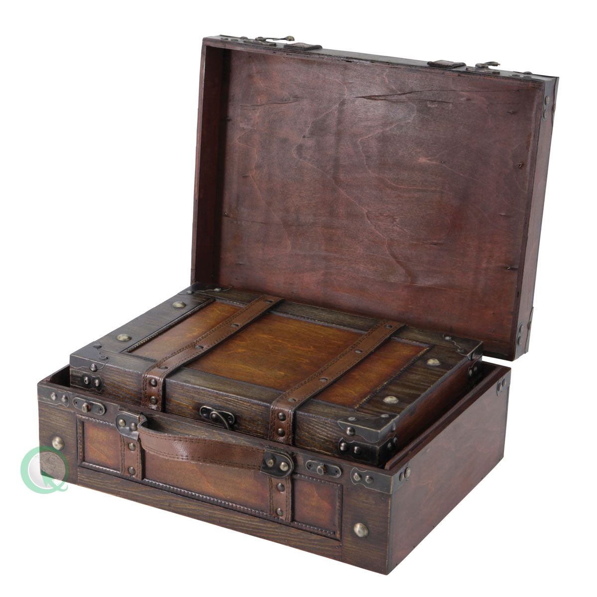 Wooden Vintage Luggage Trunks - Antique Carry On Suitcase Storage Box With Hinged Lids, Set Of 2