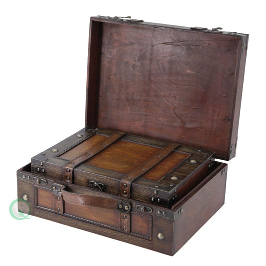 Wooden Vintage Luggage Trunks - Antique Carry On Suitcase Storage Box With Hinged Lids, Set Of 2