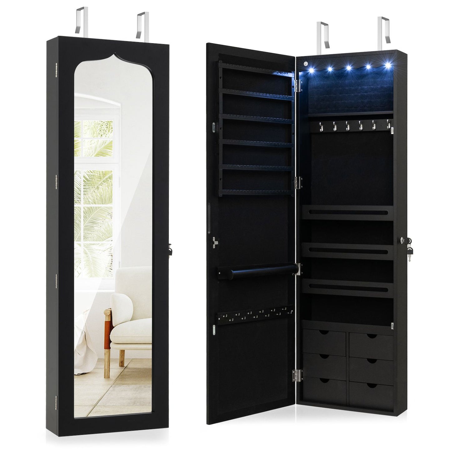 5 Leds Lockable Mirror Jewelry Cabinet Armoire With 6 Drawers