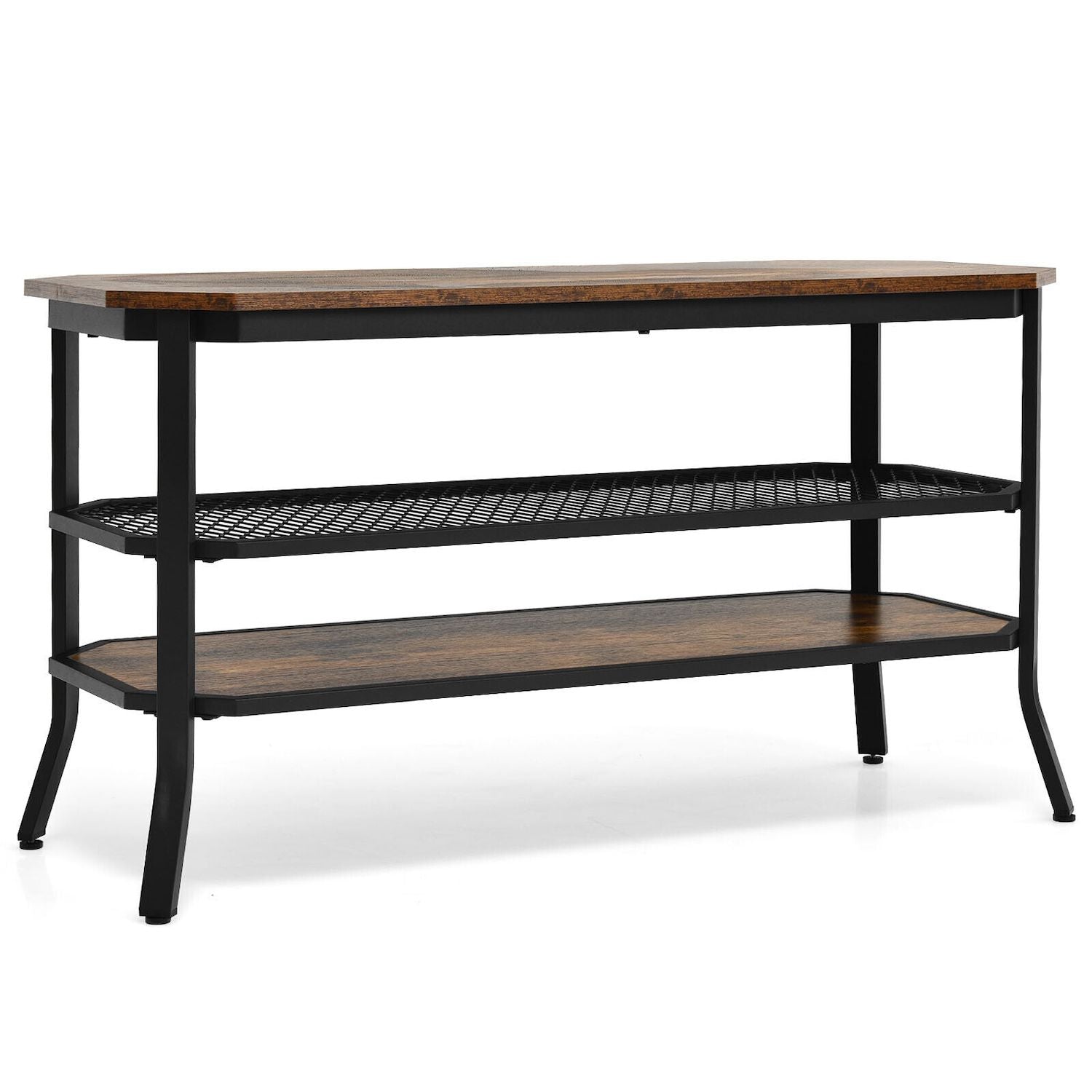 3-tier Console Table Tv Stand With Mesh Storage Shelf-rustic Brown