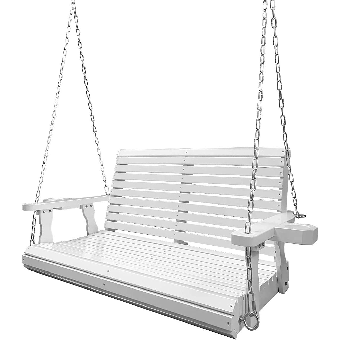 Wooden Porch Swing 3-seater, Bench Swing With Cupholders, Hanging Chains And 7mm Springs