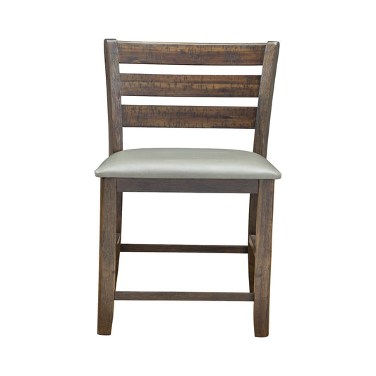 Wooden Pub Height Chairs With Slatted Back and Footrest, Set of Two, Brown and Gray