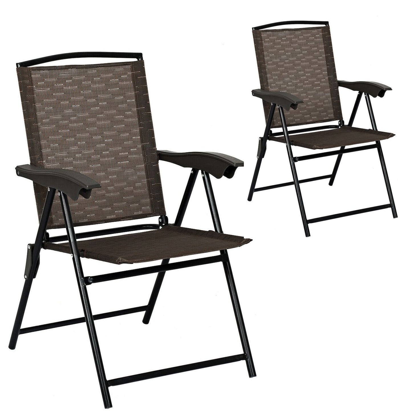 2 Pieces Folding Sling Chairs with Steel Armrests and Adjustable Back for Patio