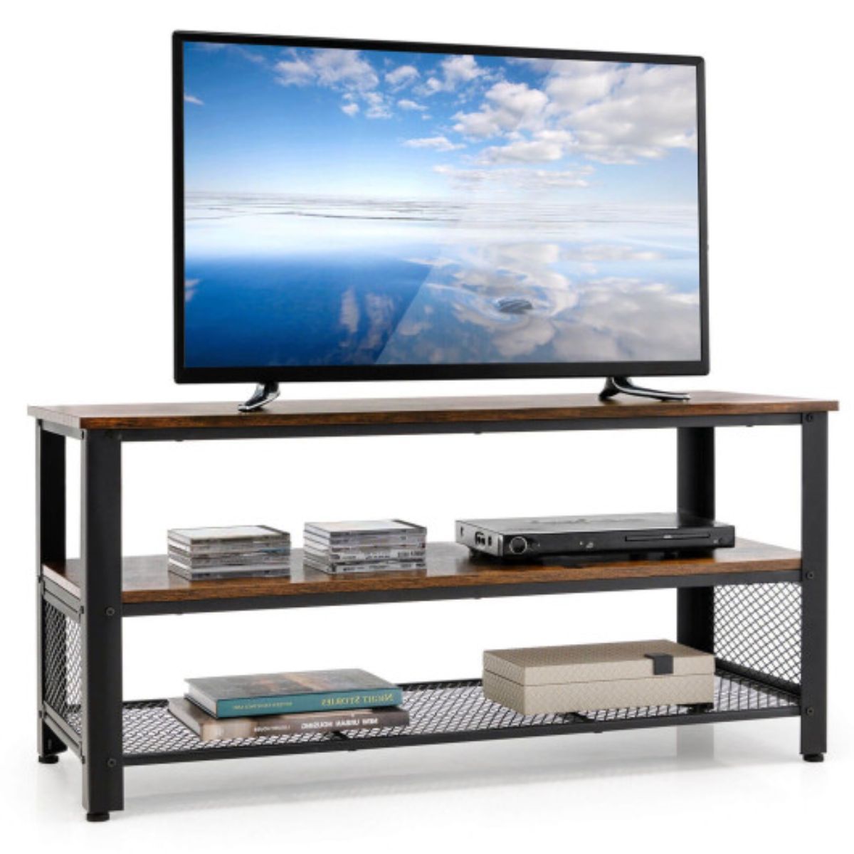 3-tier Industrial Entertainment Tv Stand With Metal Mesh Shelf