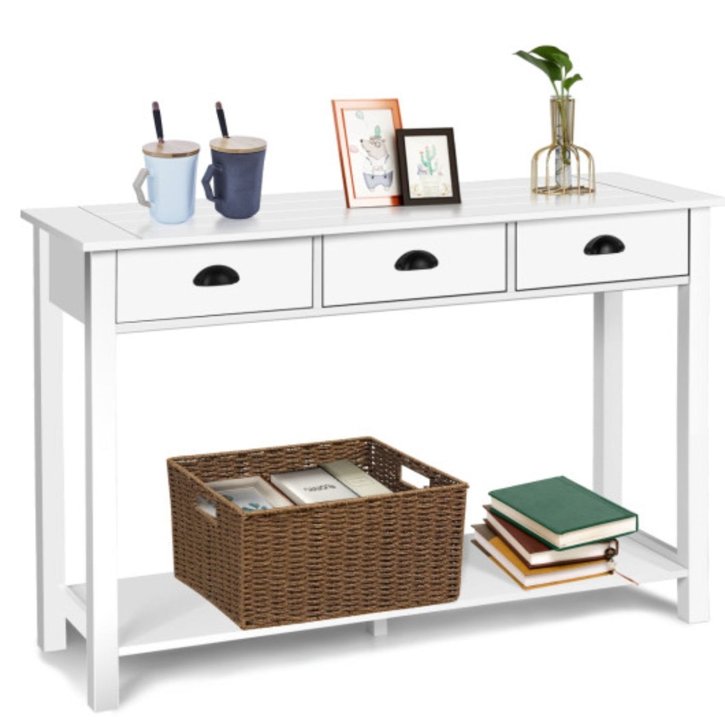 Wooden Console Table With 3 Drawers And 2-tier Shelves