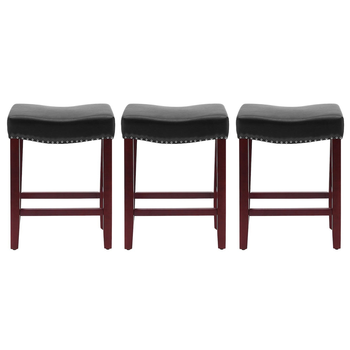 Westintrends 24 Upholstered Saddle Seat Counter Stool With Nailhead Trim (set Of 3), Cherry