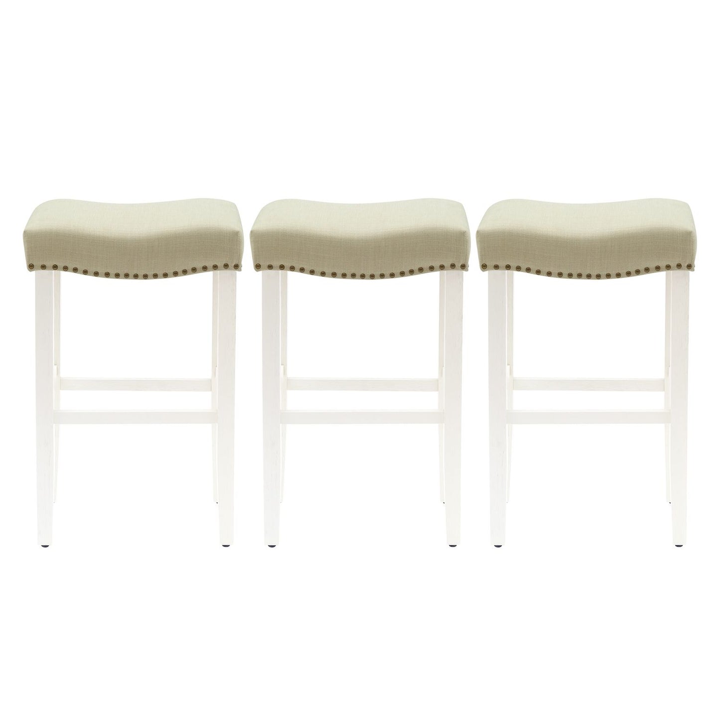 Westintrends 29 Upholstered Saddle Seat Bar Stool With Nailhead Trim (set Of 3), Antique White