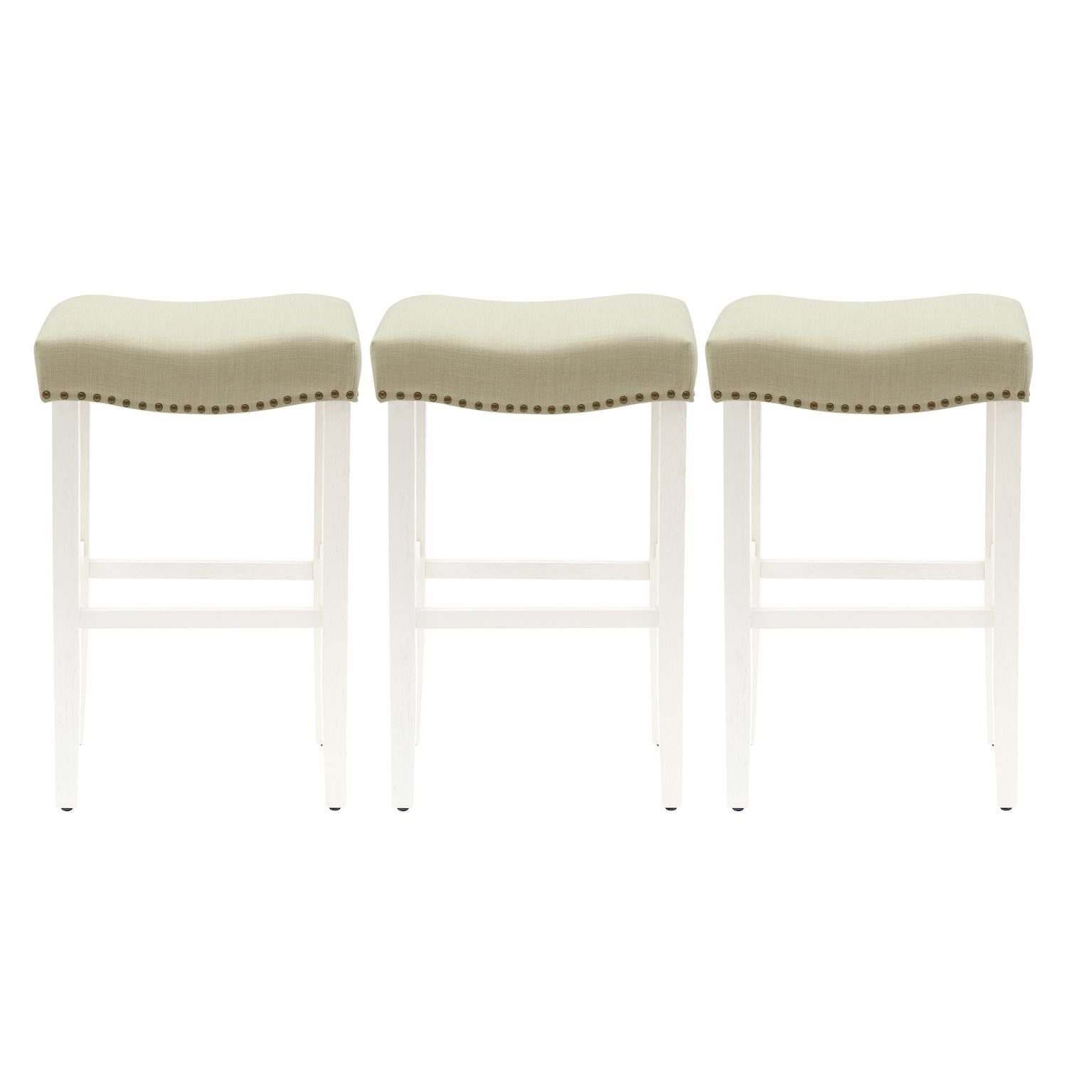 Westintrends 29 Upholstered Saddle Seat Bar Stool With Nailhead Trim (set Of 3), Antique White