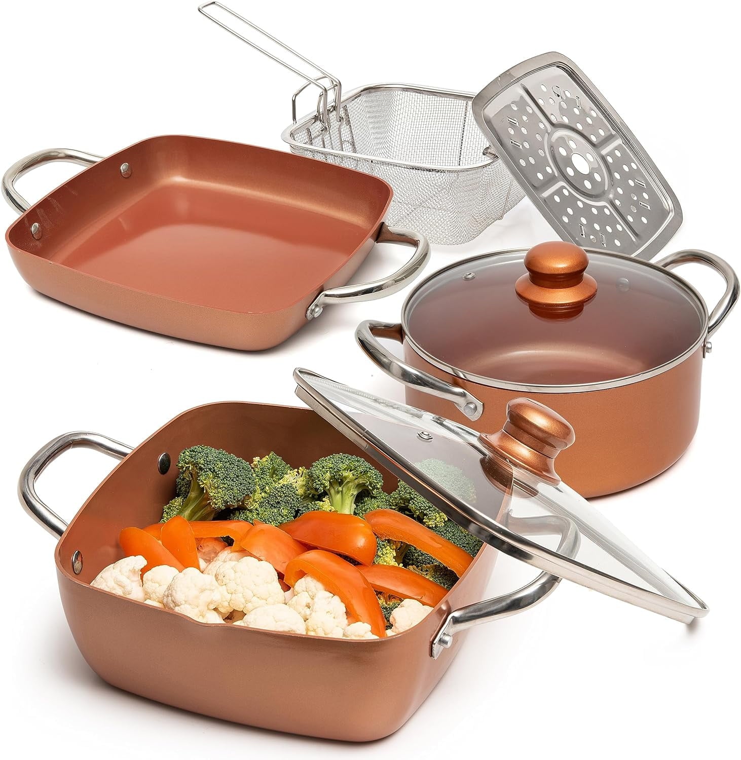 7 Pcs Copper Pots And Pans Set, Copper Chef Cookware Non Stick, Square Copper Pans for Cooking, Round Copper Pot & Fry Basket, Oven Safe 5 Quart Deep Frying Pan, Induction Cookware Set