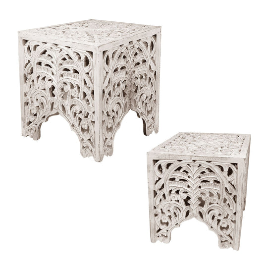 Wooden End Table with Floral Cut Out Design, Set of 2, Antique White