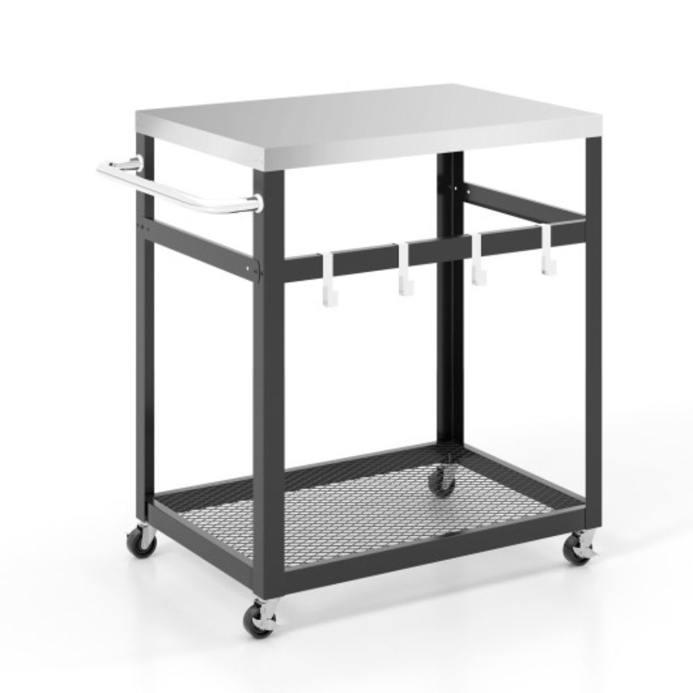 2-tier Stainless Steel Grill Cart With 4 Hooks And Wheels Bbq Table-black