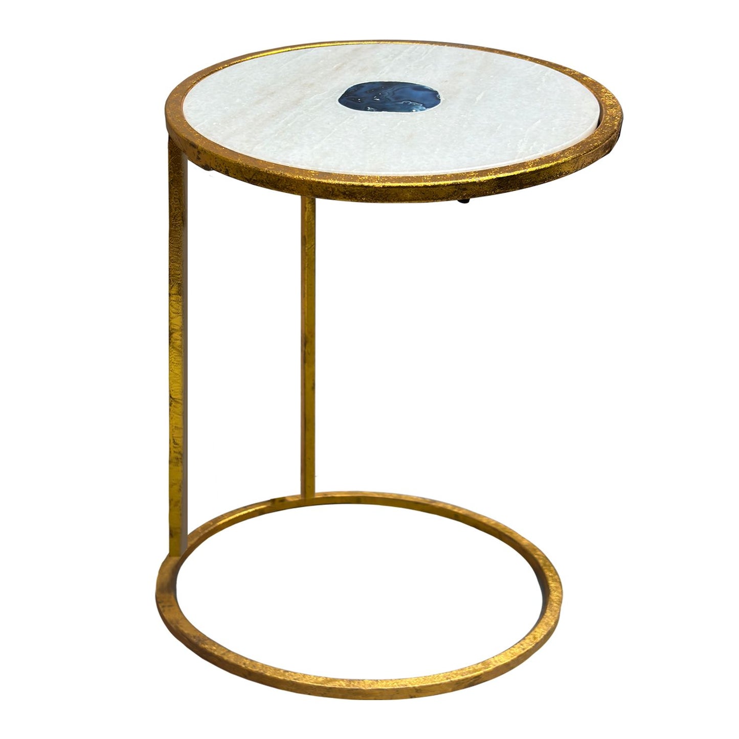 20 Inch Round Side End Table, White Marble Top With Blue Agate Stone, Gold Foil Finish Iron Frame