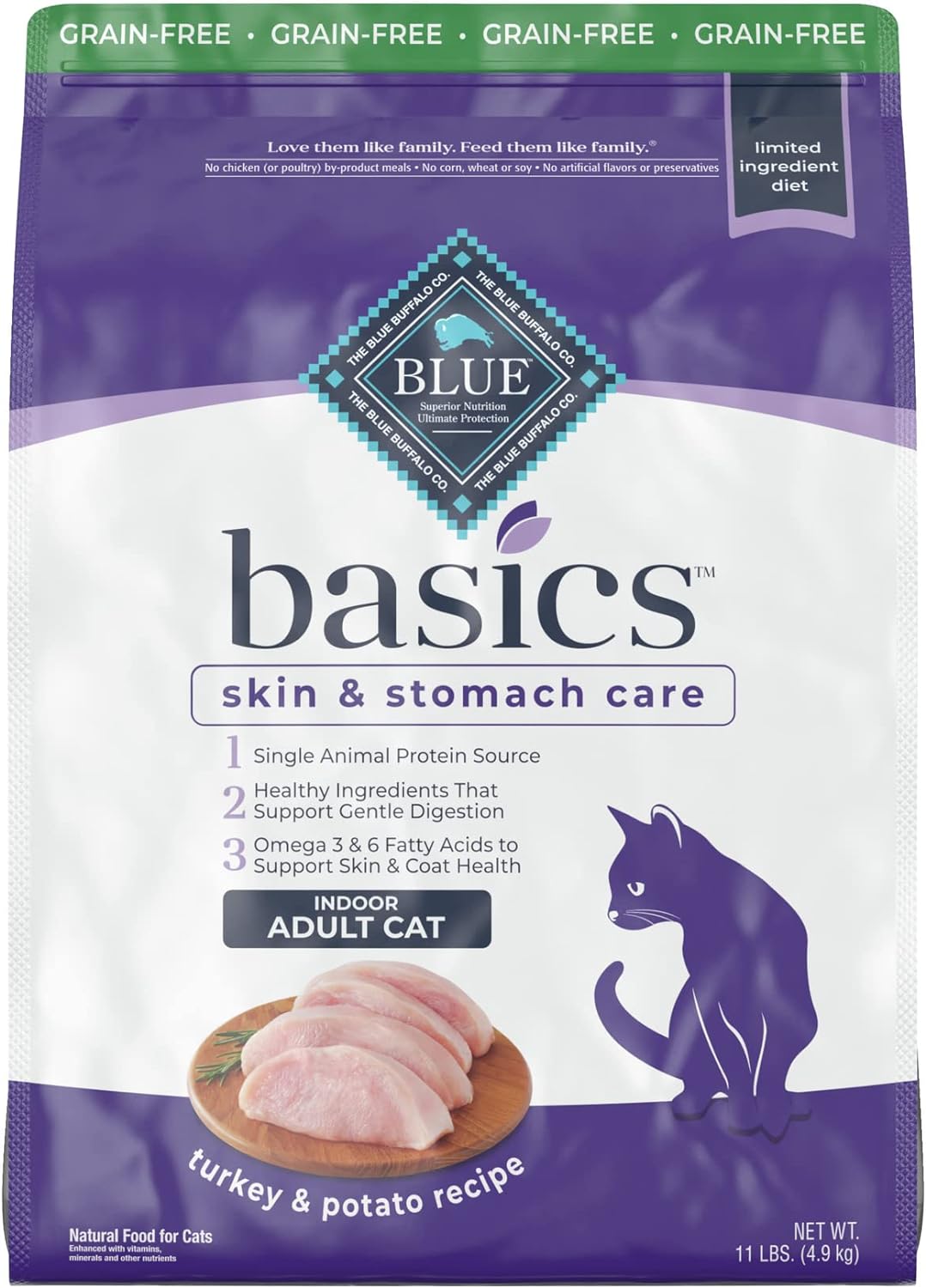 Blue Buffalo Basics Skin & Stomach Care Grain Free, Natural Indoor Adult Dry Cat Food, Turkey & Potato 11-lb