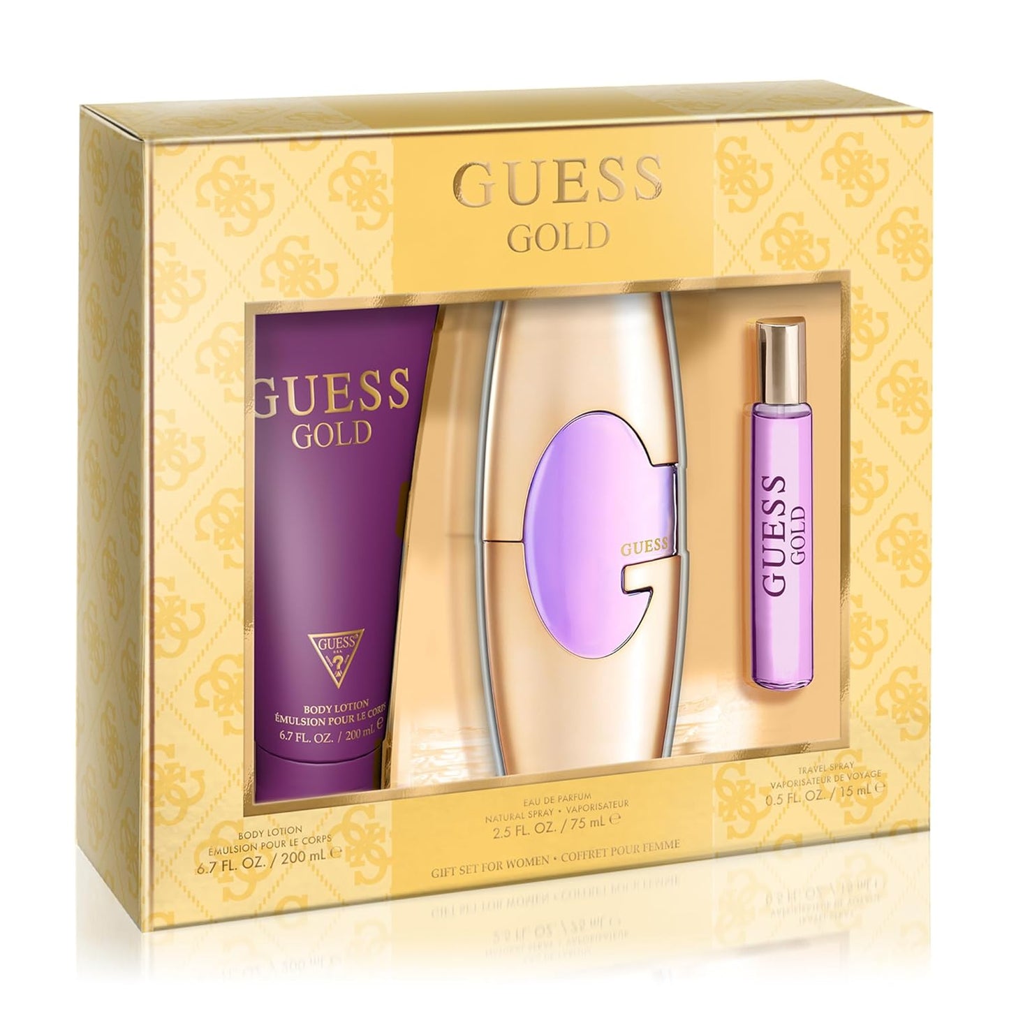 GUESS Gold Women/Femme Eau de Parfum 3 Piece Gift Set - Perfume Spray 2.5 Fl. Oz., Travel Spray 0.5 Fl. Oz., & Body Lotion 6.7 Fl. Oz.