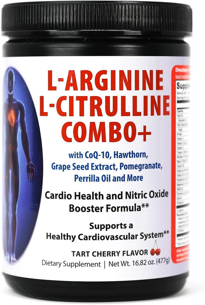 L-Arginine 5000mg L-Citrulline 1000mg Combo Powder 16 Oz. - Tart Cherry Cardio Heart Health Supplement, Nitric Oxide Booster