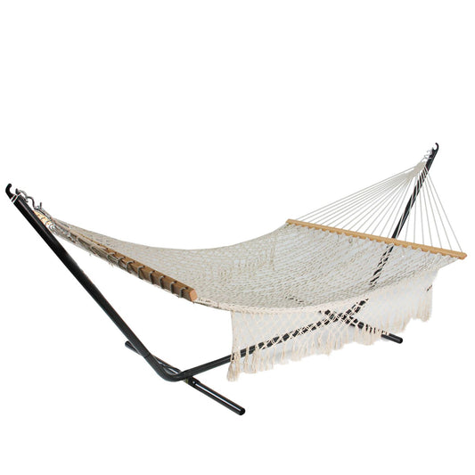 74 White Lattice Macrame Rope Hammock with Wooden Bars