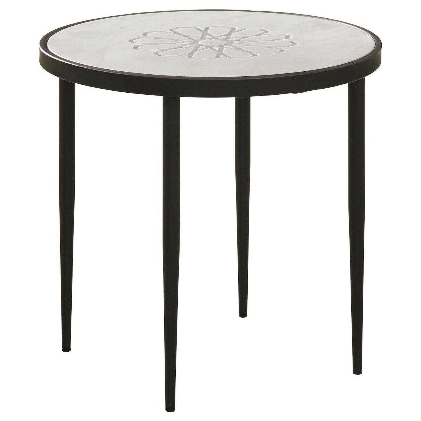 21 Inch Side End Table, Round Marble Top, Floral Motifs, Black Frame, White