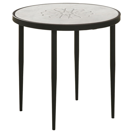 21 Inch Side End Table, Round Marble Top, Floral Motifs, Black Frame, White