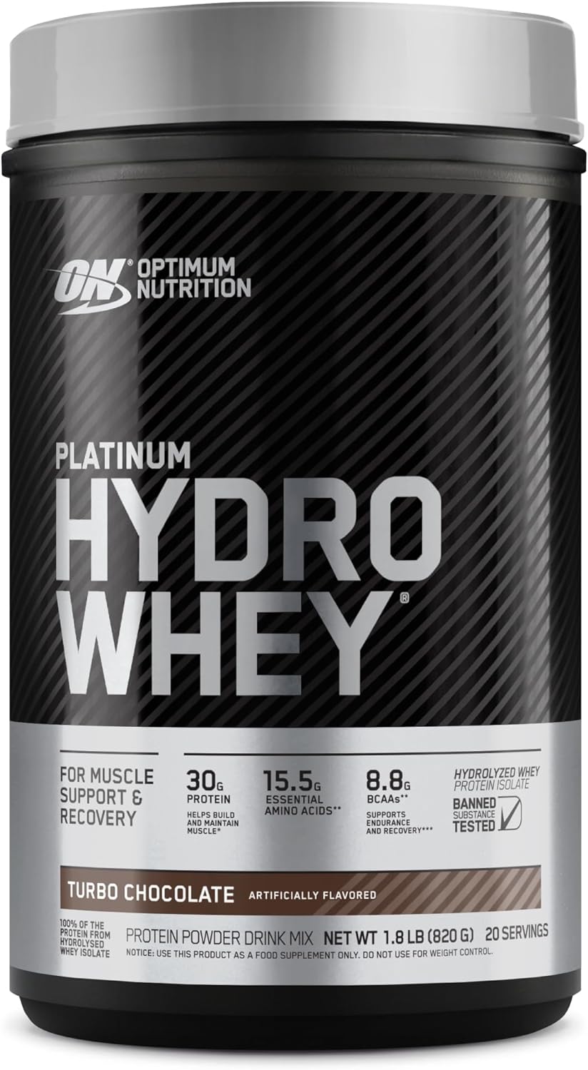 Optimum Nutrition Platinum Hydrowhey Protein Powder, 100% Hydrolyzed Whey Protein Isolate Powder, Flavor: Turbo Chocolate, 20 Servings, 1.8 Pounds (Packaging May Vary)