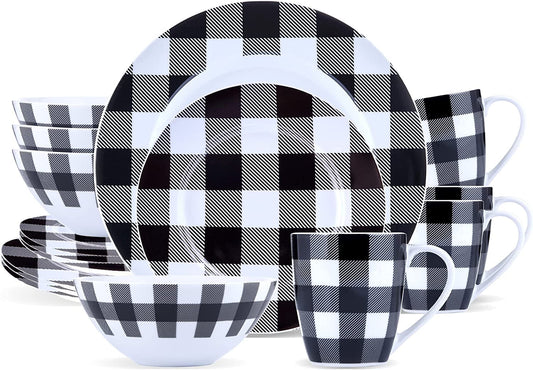 Winter Frost White, Black Modern Kitchen Dinnerware Sets, Indoor and Plates, 16-Piece Plaid Kitchen Plates and Bowls Set with Mugs, Dishwasher Safe