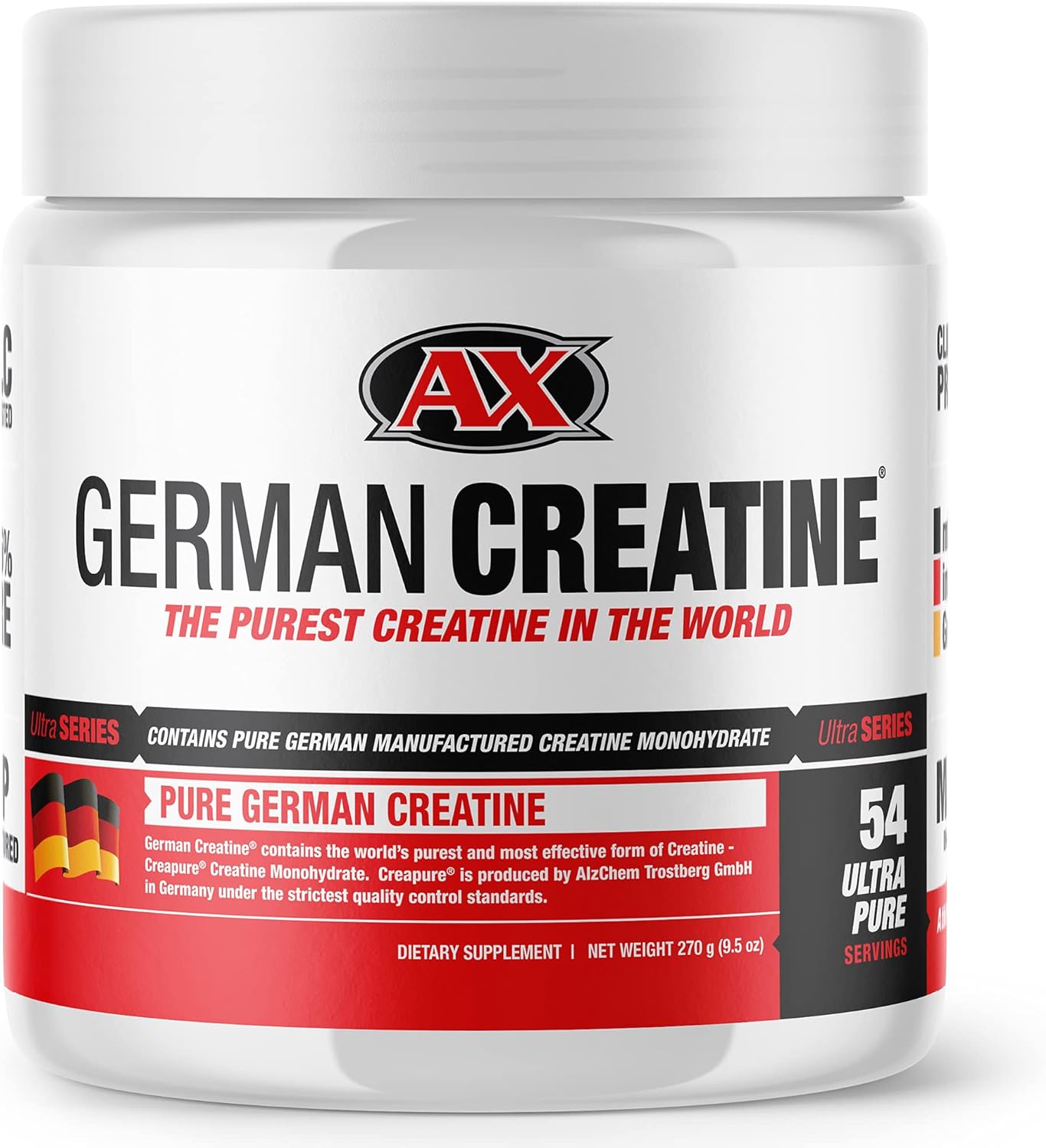 German Creatine - Pure Creapure Micronized Creatine Monohydrate Powder, Promotes Muscle Growth, Increase Muscle Mass, Enhance Strength, 99.99% Purity, 270g (54 Servings)