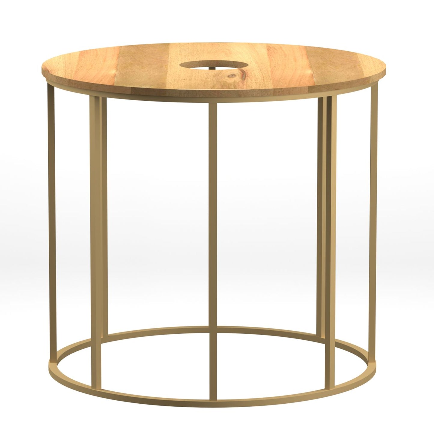 19 Inch Side End Table, O Round Shape Natural Mango Wood Top, Brass Powder Coated Open Frame