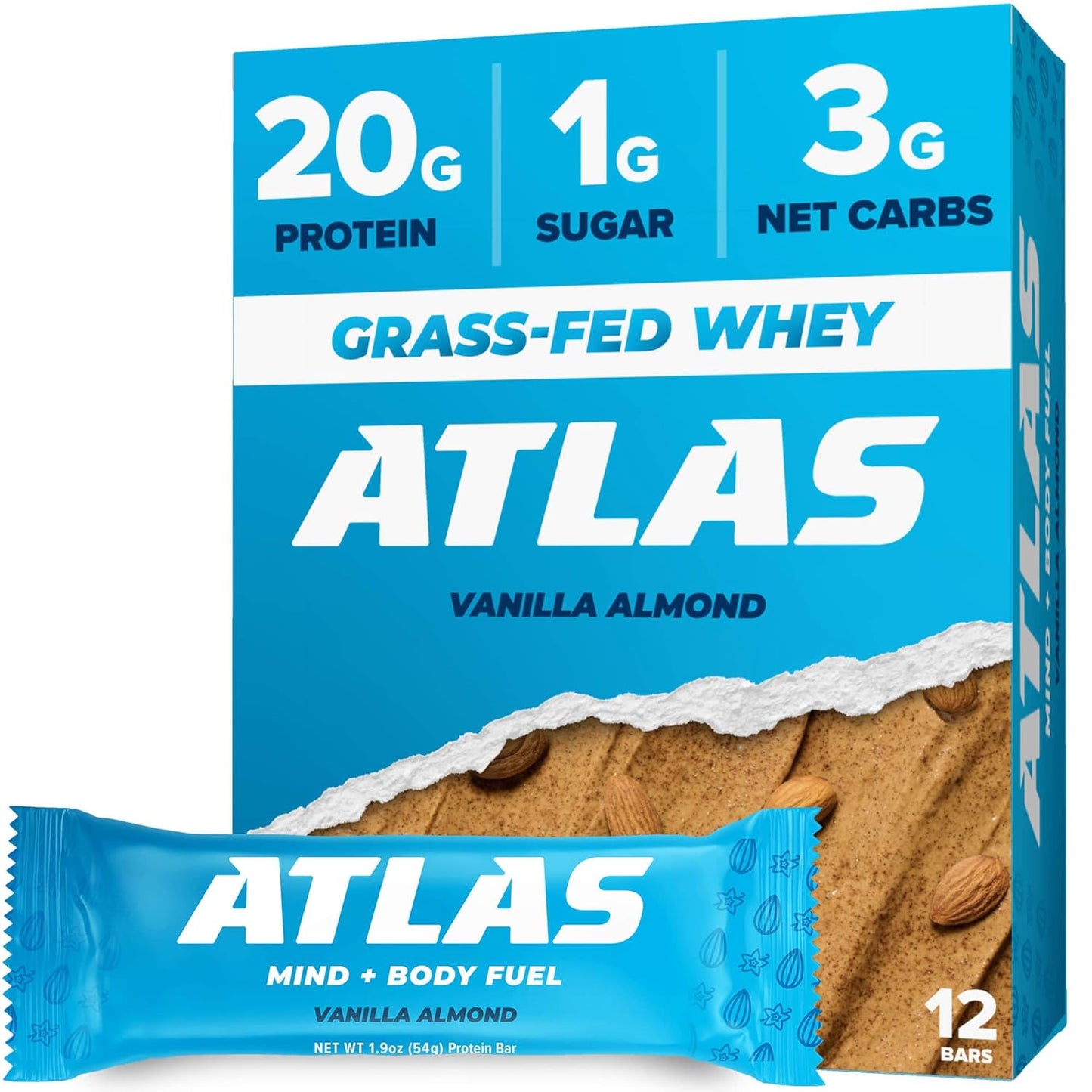 Atlas Protein Bar, 20g Protein, 1g Sugar, Clean Ingredients, Gluten Free, Vanilla Almond (12 Count, Pack of 1)