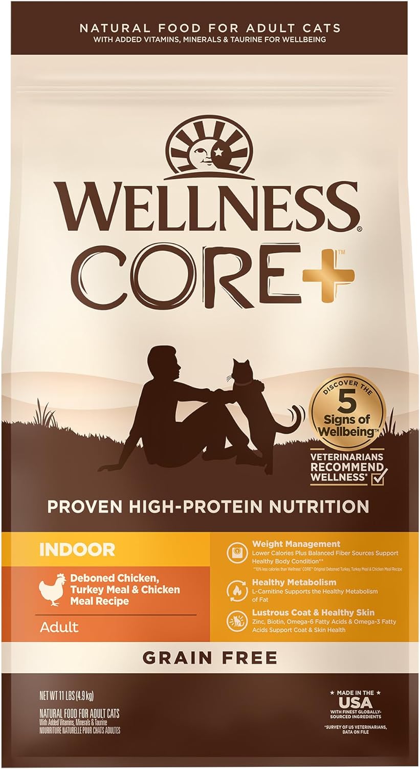 Wellness CORE+ Grain-Free High Protein Adult Dry Cat Food, Chicken, Turkey & Chicken Meal Indoor Formula Dry Cat Food, 11 Pound Bag