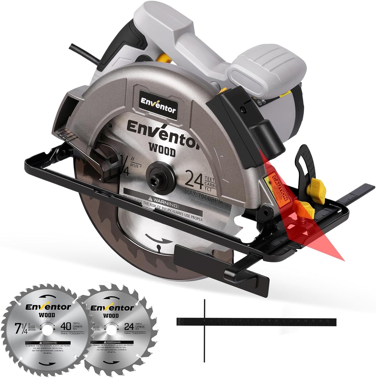 ENVENTOR Circular Saw Corded, 11A Electric Circular Saws 7-1/4-Inch with Laser Guide, 2 Blade Saws (40T/24T), Max Cutting Depth 2-7/16"(90°), 1-13/16"(0°-45°), Single Handed Bevel, 6000RPM