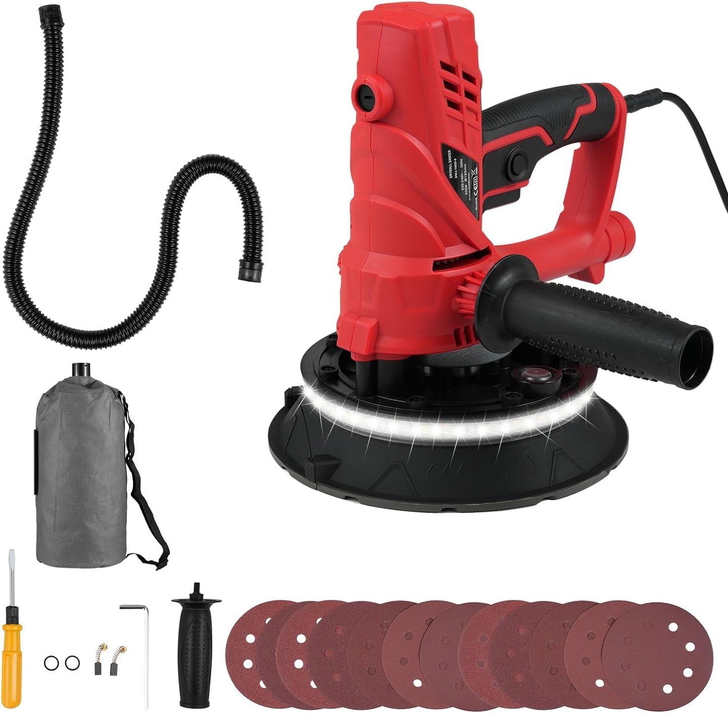 Hancaner Drywall Sander 850W, 7INCH Electric Drywall Sander with Vacuum Auto Dust Collection, 6 Variable Speed 1500-2600 RPM, 360° LED Light, 12 PCS Sanding Discs