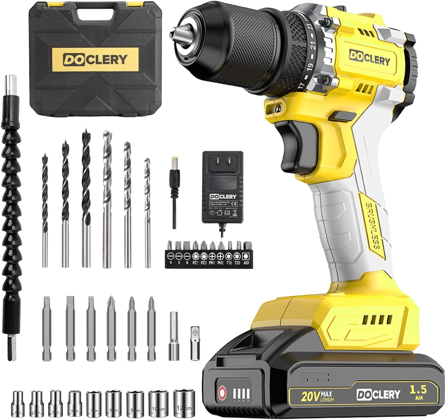 20V Brushless Cordless Drill, Electric Power Drill Set with 1 Battery & Charger, 2 Variable Speed, 442.48 In-lb Torque, 21+1 Position and 34pcs Drill/Driver Bits