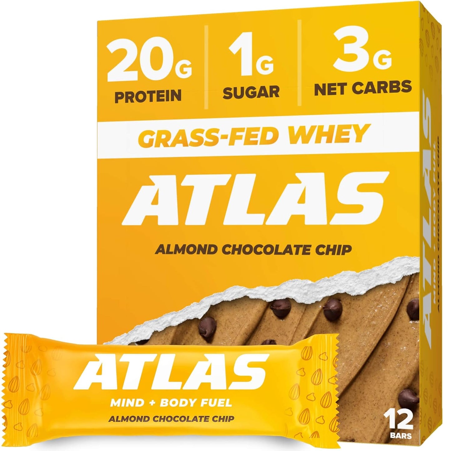 Atlas Protein Bar, 20g Protein, 1g Sugar, Clean Ingredients, Gluten Free (Almond Chocolate Chip, 12 Count (Pack of 1))