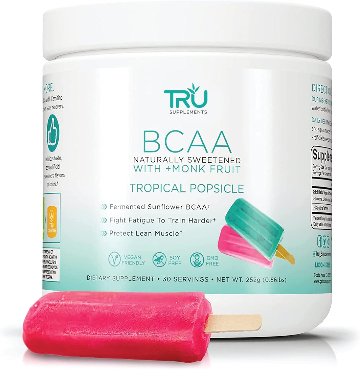 TRU BCAA, Plant Based Branched Chain Amino Acids, Vegan Friendly, Zero Calories, No artificials sweeteners or Dyes, 30 Servings, Tropical Popsicle