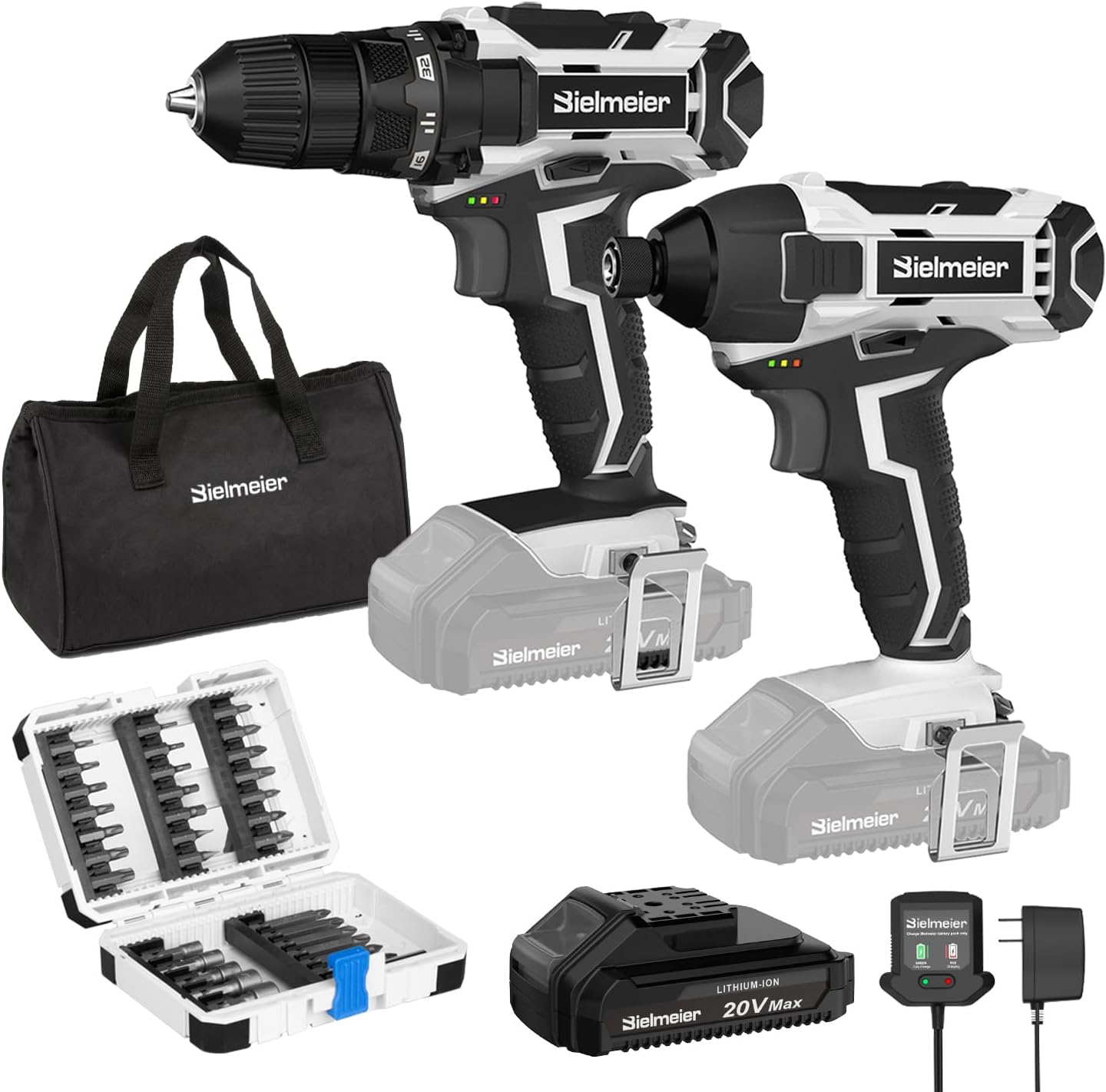 Bielmeier 20V Cordless Drill Sets Combo Kit,3/8” Drill and 1/4” Impact Driver Set Perfect for Home Repair,with LED Light,33-Piece Drill Bit Set & Bag,Charger, Battery Pack,And Carrying Bag