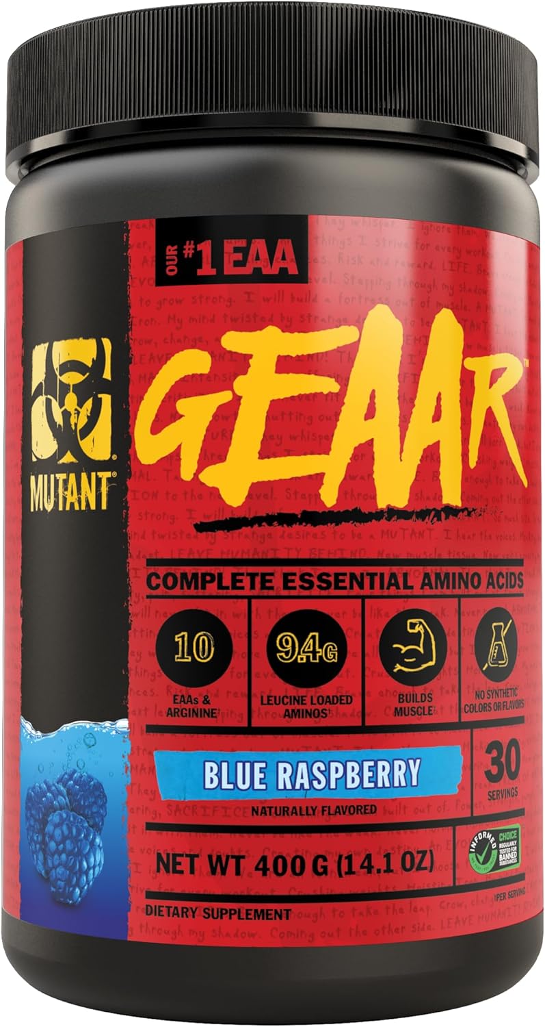 Mutant GEAAR - 9.4g of EAA Powder + Arginine, 7g BCAAs, 4g Leucine, Electrolytes, Coconut Water, No Artificial Colors or Flavors, Delicious Taste - 30 Servings - Blue Raspberry - 378g