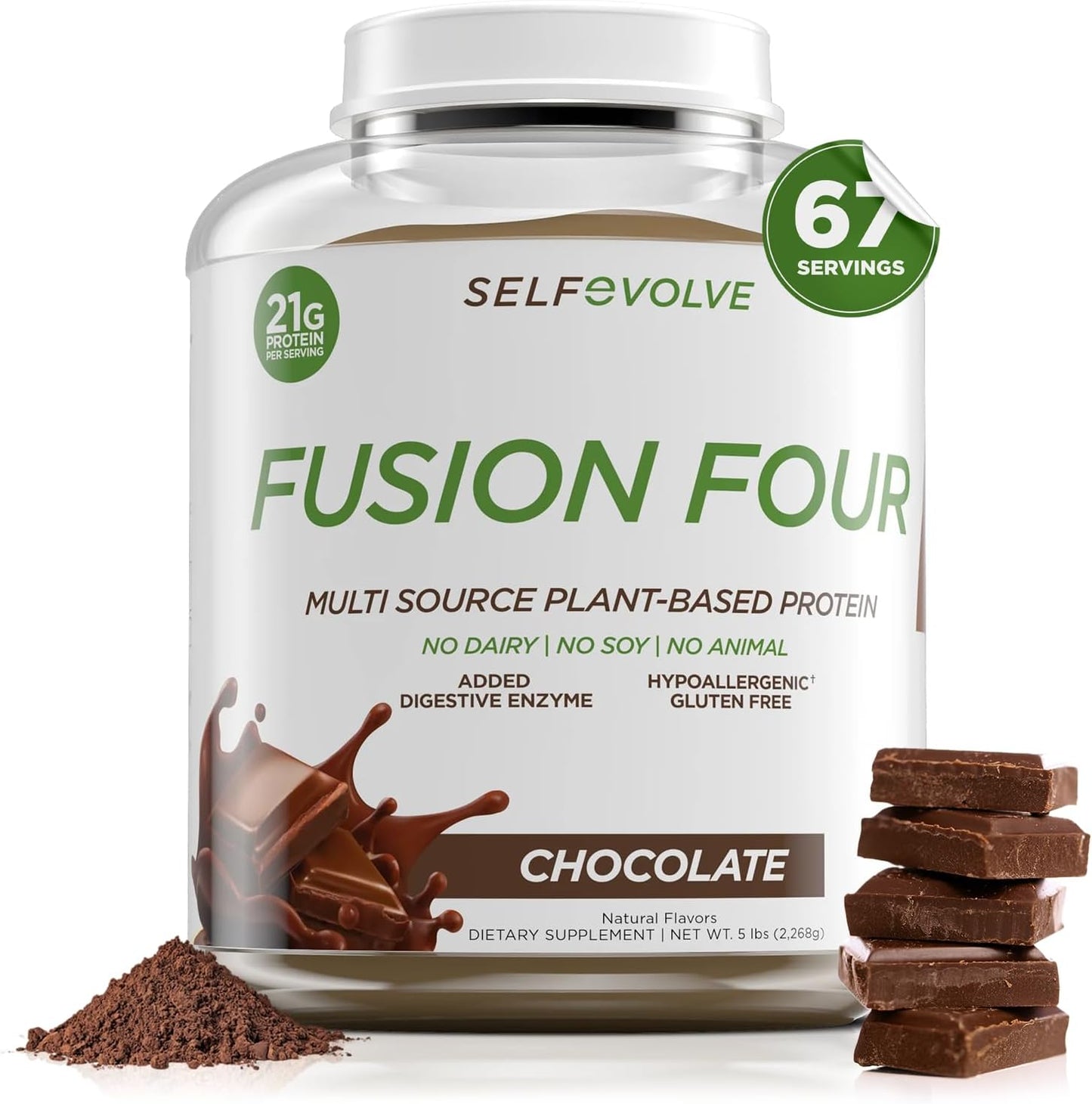 selfevolve Fusion Four Vegan Protein Powder - 21g Plant-Based Protein Powder - Gluten Free, Dairy Free and Soy-Free, Pea Protein with BCAA's - Chocolate Flavored - 5lbs