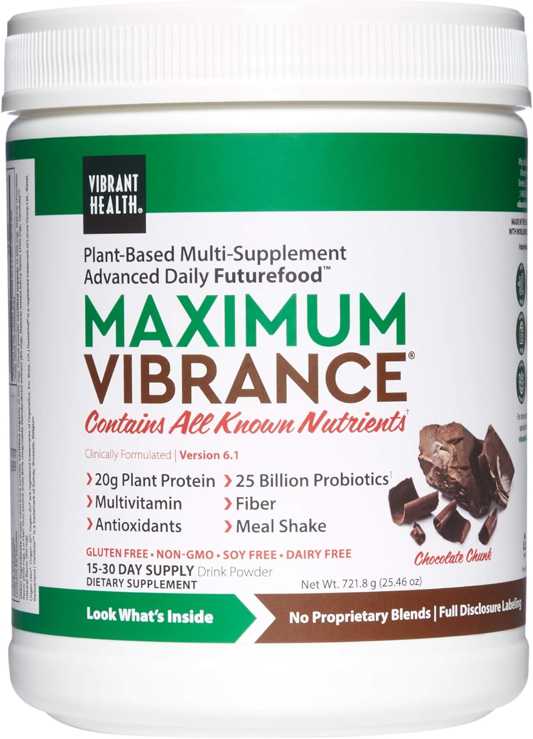 Vibrant Health, Maximum Vibrance, Complete Vegan Meal Shake with Plant-Based Protein, Chocolate Chunk, 15 Servings