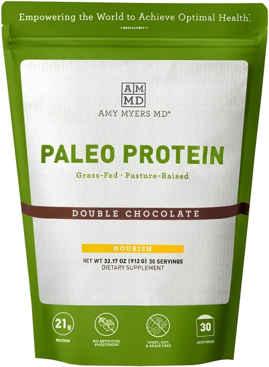 Amy Myers MD Paleo Protein Powder - Clean Grass Fed, Pasture Raised Protein Hormone Free, Non-GMO, Gluten & Dairy Free - Perfect for Keto and Paleo Diet- Double Chocolate- 32.17 oz