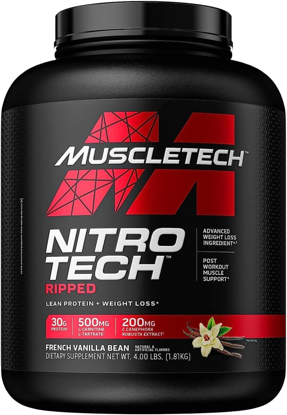 MuscleTech Nitro-Tech Ripped | Lean Whey Protein Powder\/ Isolate | Weight Loss Protein Powder for Women & Men | Vanilla, 4 lbs (42 Servings)