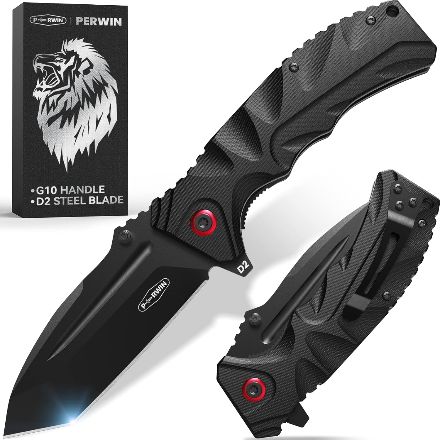 PERWIN Pocket Knife - 4\u201D D2 Steel Blade G10 Handle Folding Knife with Pocket Clip, One-handed Flipper Opening, Gifts for Men Dad Husband