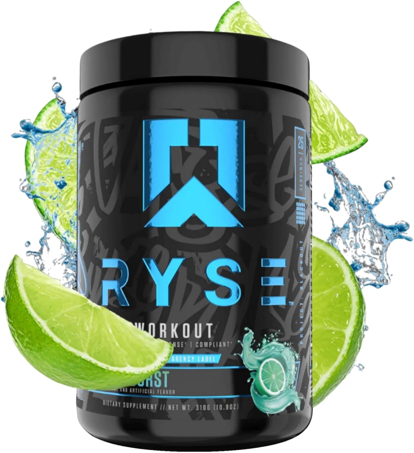 RYSE Up Supplements Project Blackout Pre Workout | Pump, Energy, and Strength | with Caffeine, Vitacholine, Nitrates, and Theobromine | 25 Servings (Baja Burst)