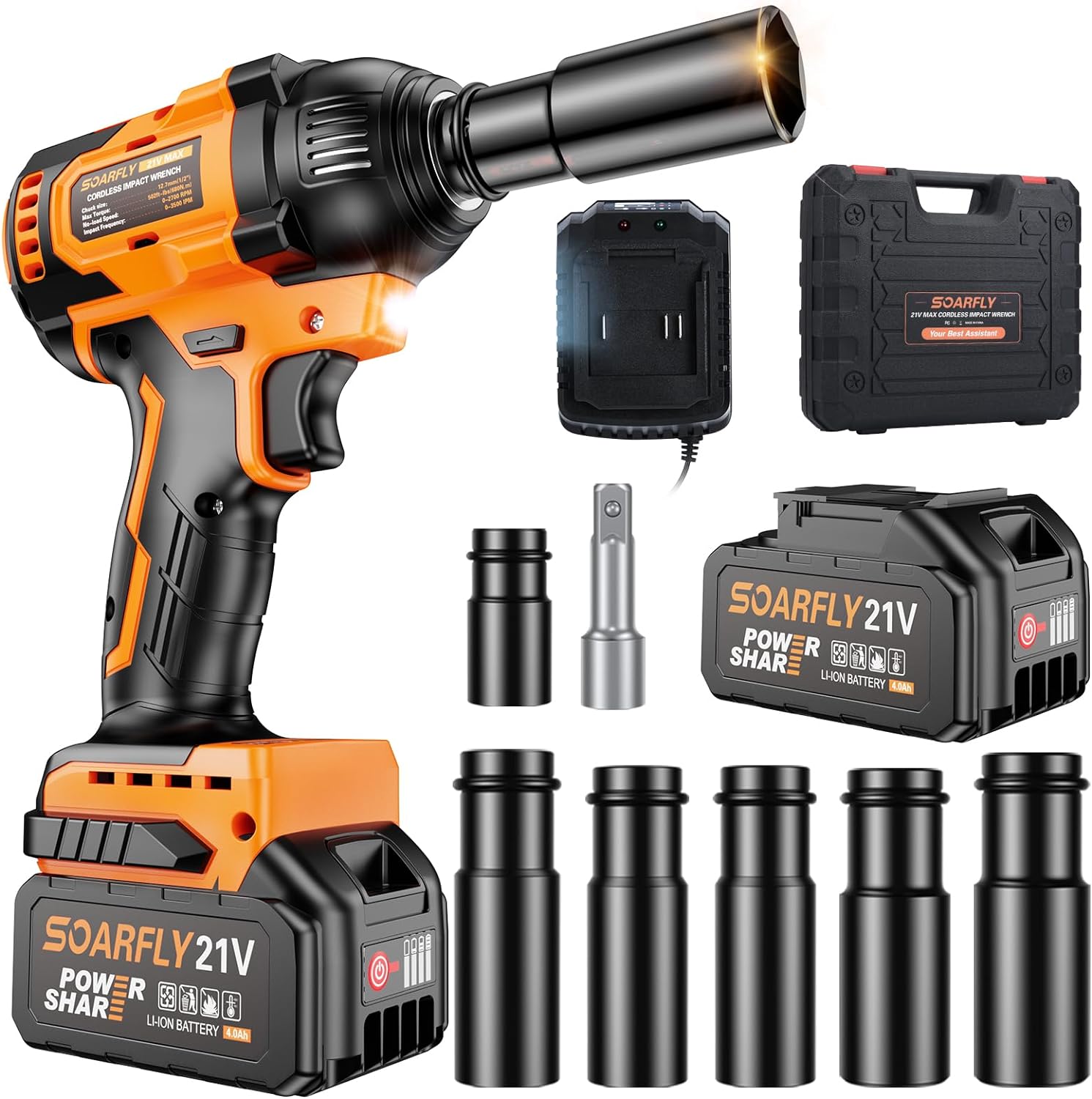 Cordless Impact Wrench, 1/2 Impact Gun, 20V Impact Driver, Max Torque 410ft-lbs(550N.m) Brushless Motor Electric Wrench with 4.0Ah Battery, 1 Fast Charger, 6PCS Sockets, 1 Extension Bar