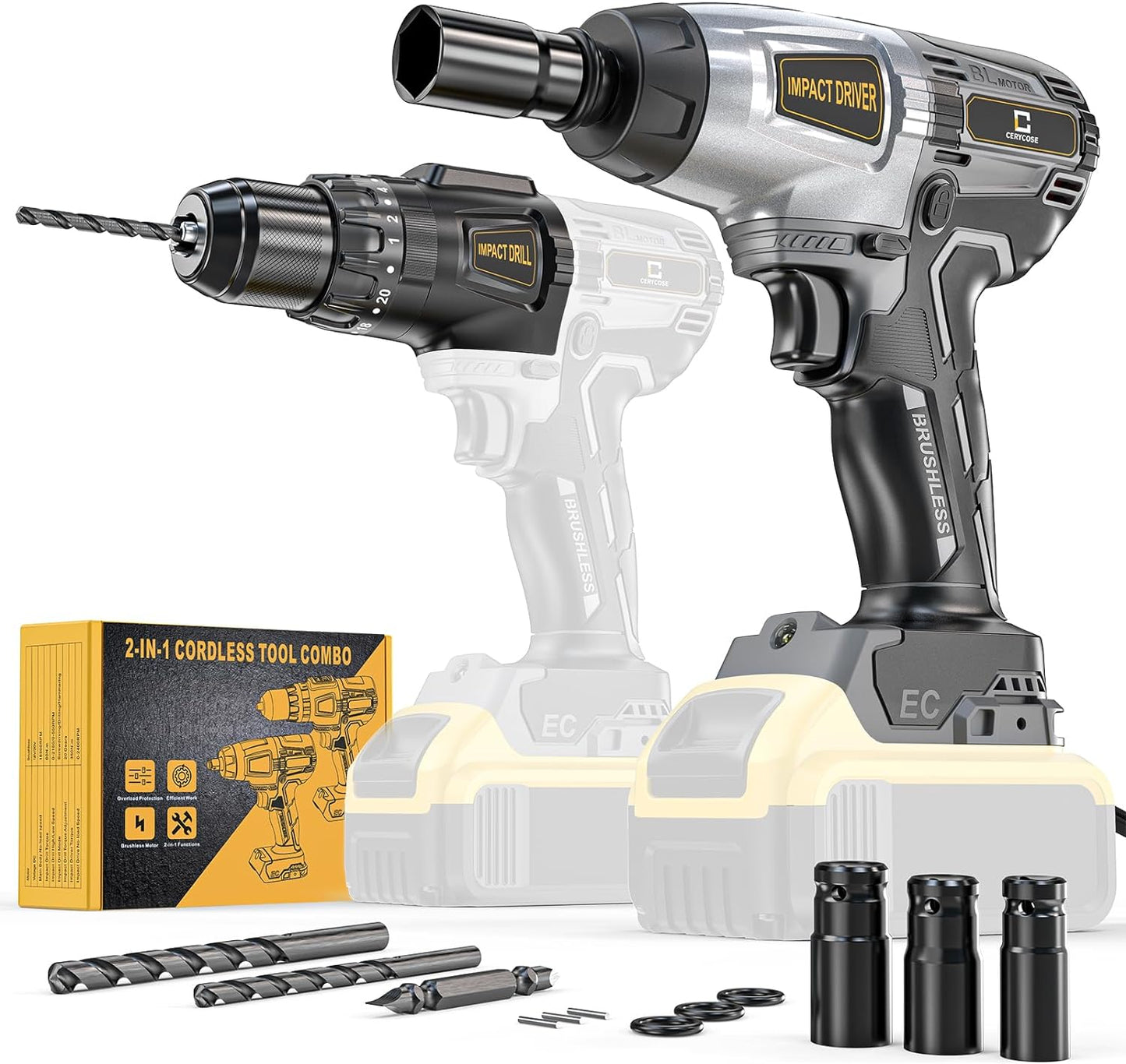 Cordless Impact Wrench and Drill, Power Tool Combo Kit for Dewalt 20V Battery, Brushless-Motor Tool, 3 Sockets,2 Drill Bits 1 Screwdriver Bits (No Battery)