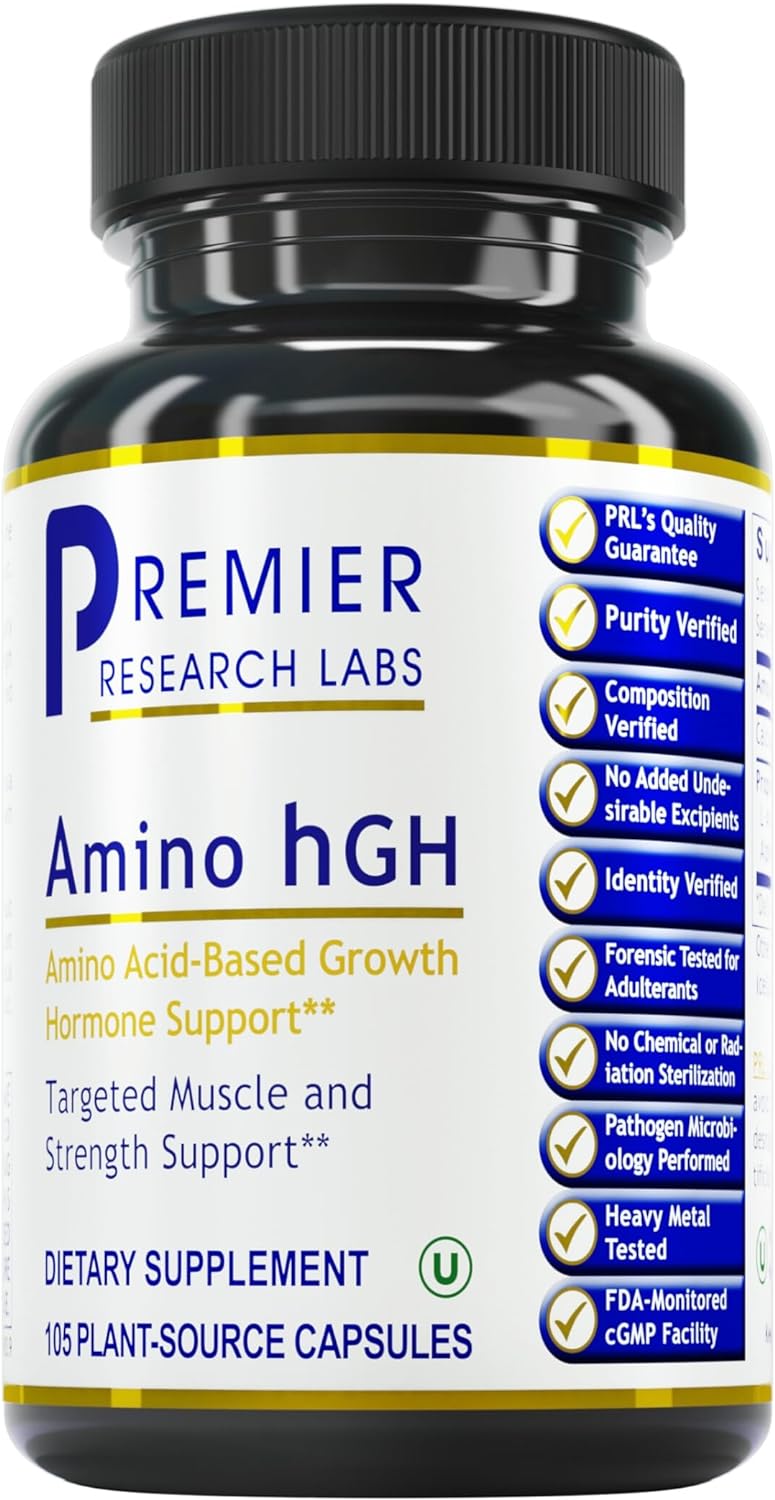 Premier Research Labs Amino HGH - Essential Amino Acids Formula - for Lean Muscle Support - with Arginine, Lysine, Ornithine, Alpha-Ketoglutarate - 105 Plant-Source Capsules